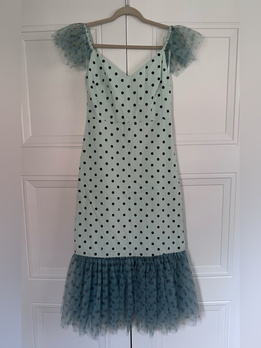 STAUD Marwa Mint Polka Dot Midi Dress with Tulle Ruffle size 4